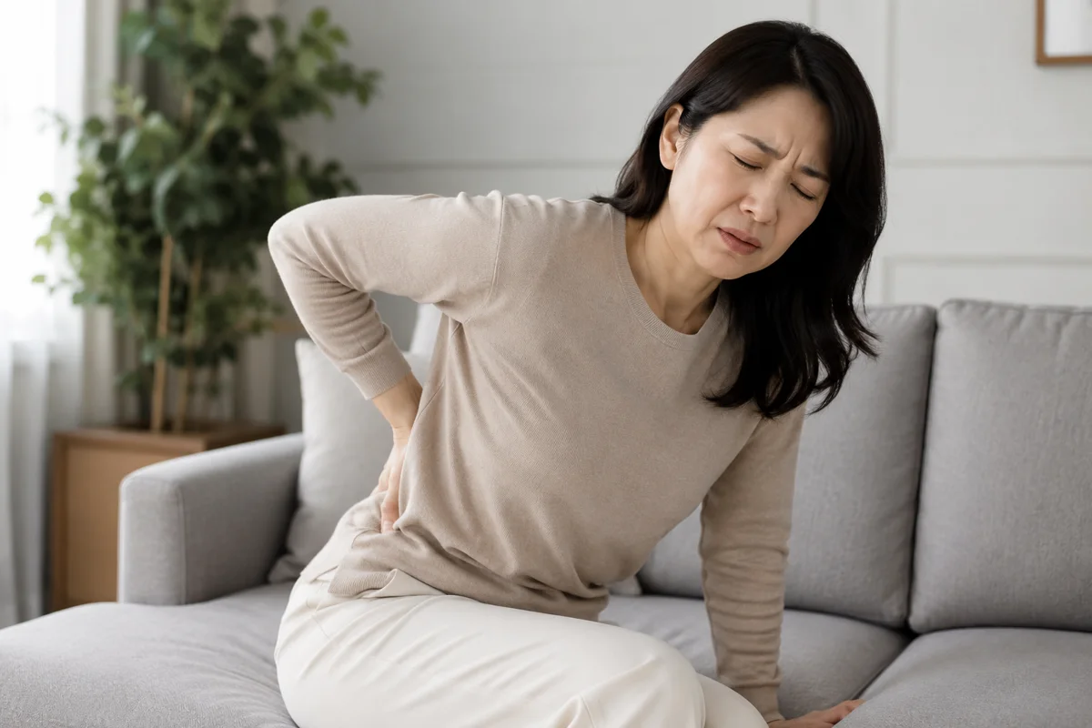 대전 여드름 흉터 맞춤 치료|허리 통증을 호소하며 허리를 짚고 있는 중년 여성